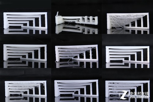 9個不同型號3D打印機打印懸空結構 都存在不同程度的垂絲情況