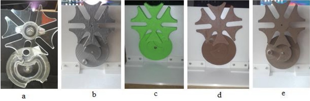 圖片顯示了使用不同材料的日內(nèi)瓦系統(tǒng):a)PMMA b)PLA c)ABS d)PLA +銅e)PLA +青銅 圖片顯示了使用不同材料的日內(nèi)瓦系統(tǒng):a)PMMA b)PLA c)ABS d)PLA +銅e)PLA +青銅