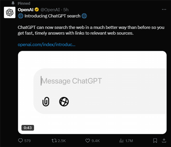 劍指谷歌!OpenAI宣布ChatGPT搜索功能正式上線